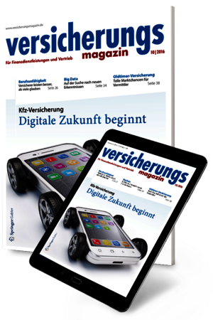 Versicherungsmagazin: Cover auf Magazin und Tablet